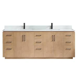 San 84 in.W x 22 in.D x 33.8 in.H Double Sink Bath Vanity in Fir Wood Brown with White Composite Stone Top