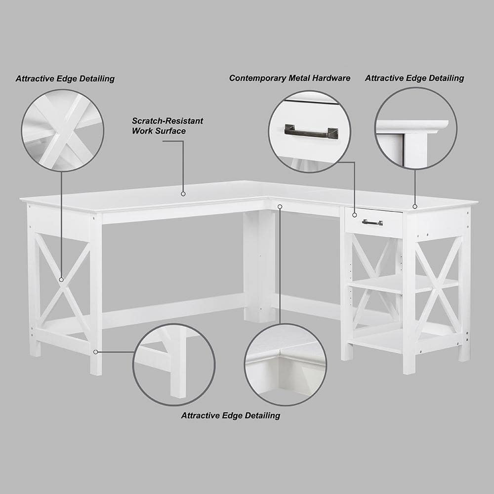 White Wood Corner Writing Desk with Drawer and Filing Cabinet