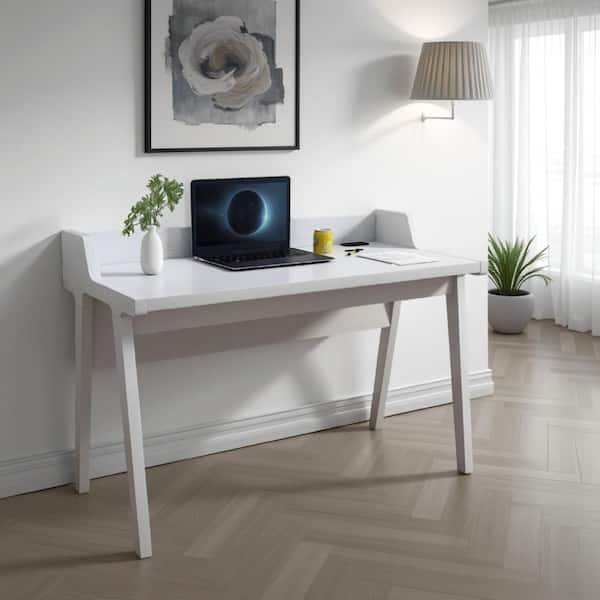Benjara Mordern 50 in. Rectangular White Wood Writing Desk with Wrap Around Tabletop