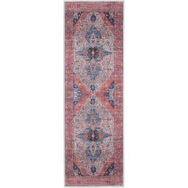 Nourison Machine Washable Brilliance Ivory/Brick 2 ft. x 6 ft. Center Medallion Traditional Kitchen Runner Area Rug