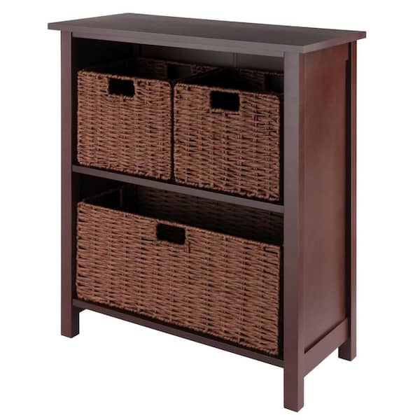 WINSOME WOOD Milan 30 in. Walnut 3-Tier Shelf Storage Bookcase with Baskets