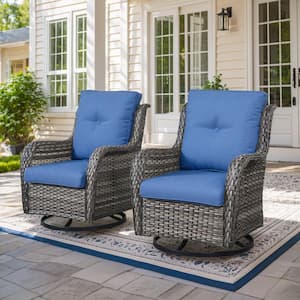 7-Piece Gray Wicker Fire Pit Conversation Set with Olefin Blue Cushions and 4 Swivel Glider Chairs and Side Tables