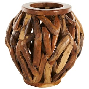 Brown Handmade Live Edge Tree Branch Pot Teak Wood Decorative Vase