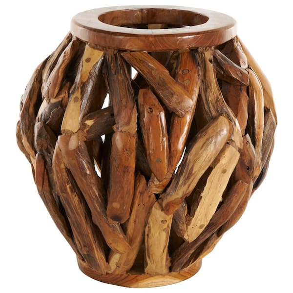 Litton Lane Brown Handmade Live Edge Tree Branch Pot Teak Wood Decorative Vase