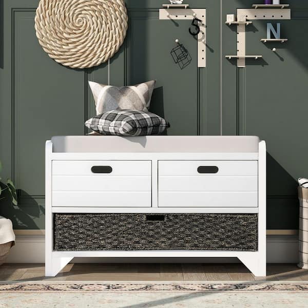 20 in. H x 32 in. W White Soild Wood Shoe Storage Bench with Removable Basket and 2-Drawer