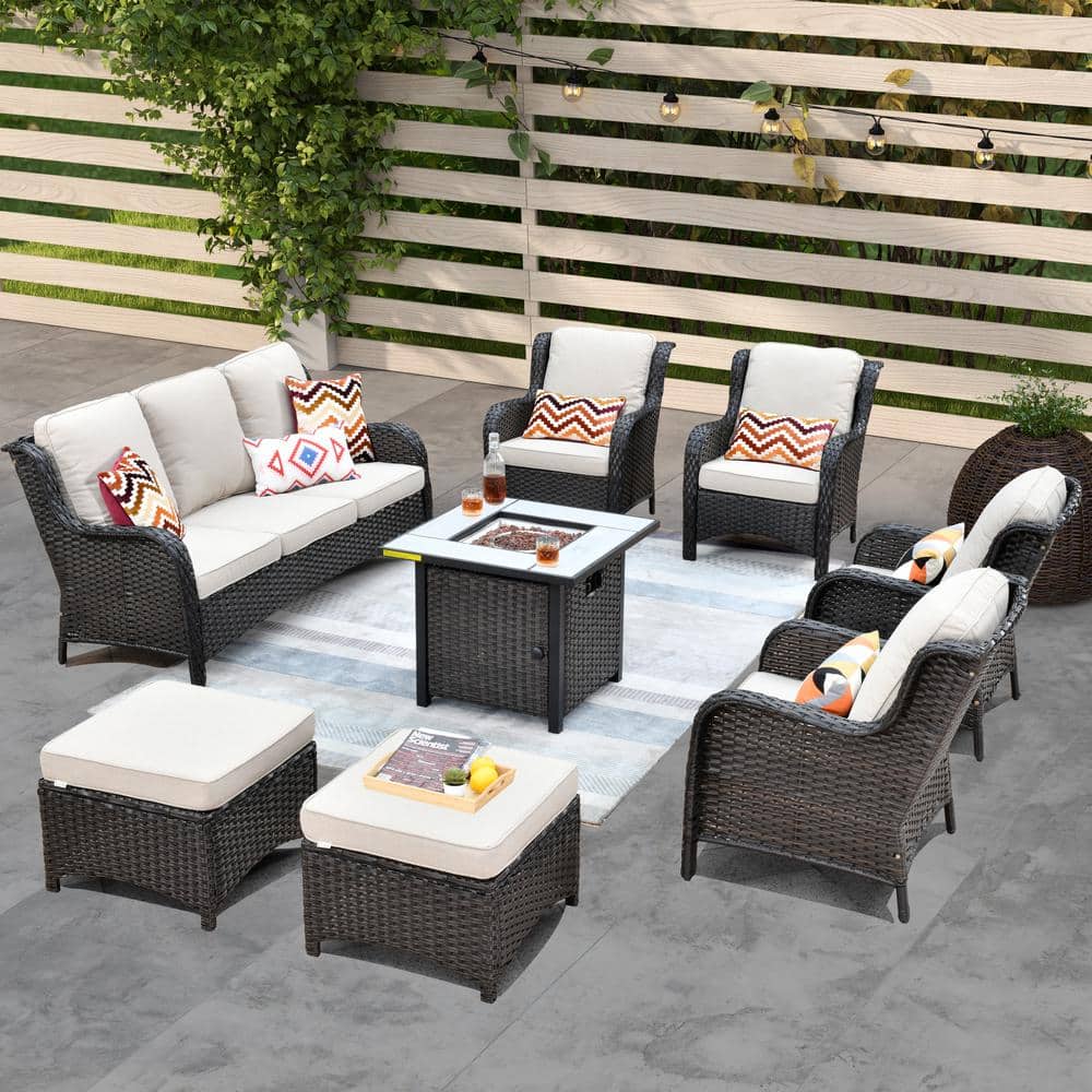Vincent Brown 8-Piece Wicker Outdoor Patio Fire Pit Seating Sofa Set and with Beige Cushions price history on PriceWatchPro