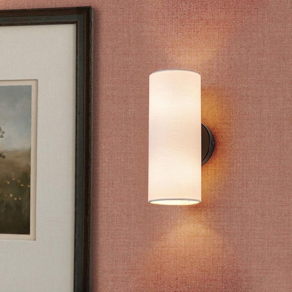 Alexa 11.8 in. 2-Light Farmhouse Black Cylinder Wall Sconce with Fabric Shade