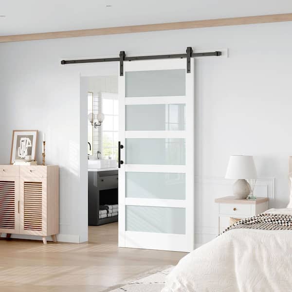 36 in. x 84 in. 5 Lite Frosted Glass White Finished MDF Sliding Barn Door with Hardware Kit