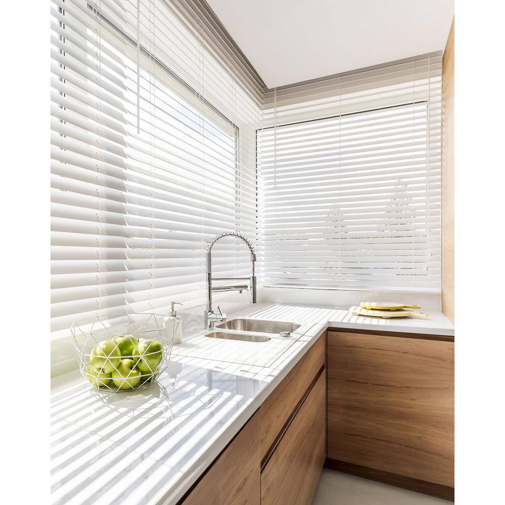 White Cordless Faux Wood Venetian Blinds, 66"W x 36"H