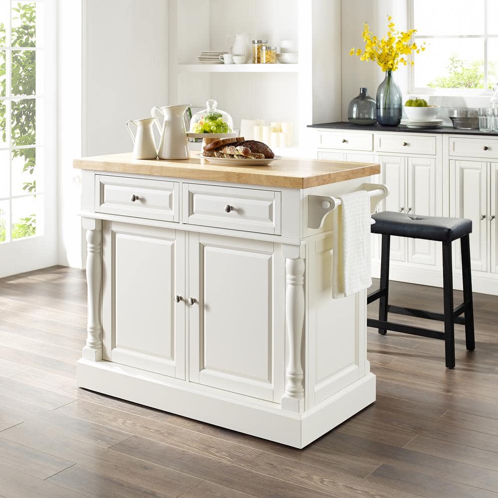 Oxford Solid Wood White Kitchen Island with Butcher Block and Saddle Stools