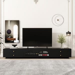 Black Luxurious TV Stand Fits TVs up to 90 in. with Fluted Glass Doors, Tempered Glass Shelf and 4-Drawers
