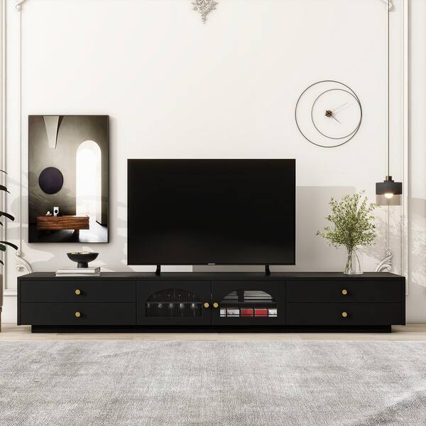 Harper & Bright Designs Black Luxurious TV Stand Fits TVs up to 90 in. with Fluted Glass Doors, Tempered Glass Shelf and 4-Drawers