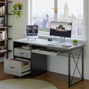 55 in. Rectangular Retro Grey Oak Light Office Desk with Storage File Drawers and Keyboard Tray