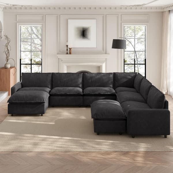 Power Recliner 140 in. Square Arm Gray Linen 8-Piece U-Shaped Modular Sectional Sofa w/ Ottomans, Heating