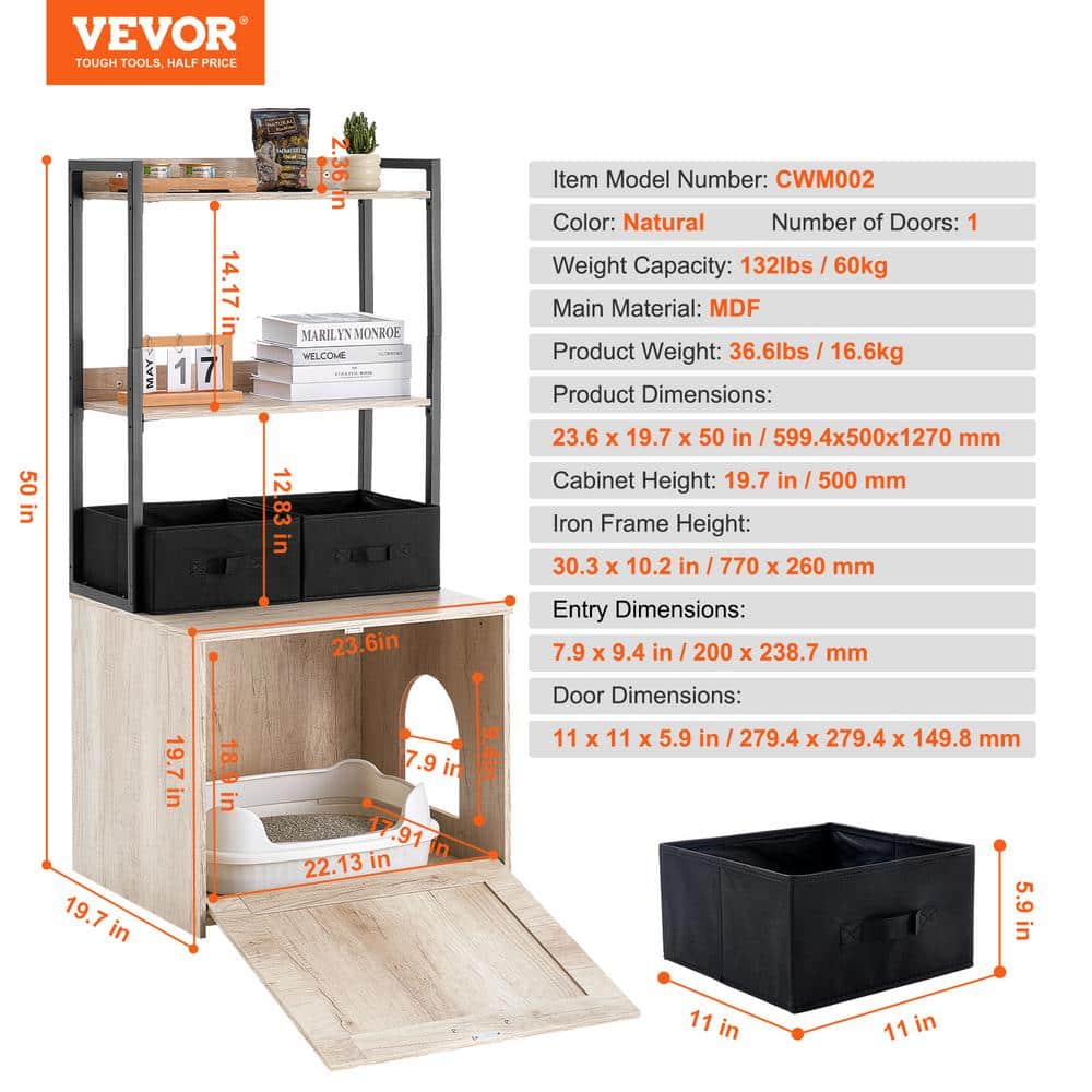 Natural Wood Cat Litter Box Enclosure with Shelves
