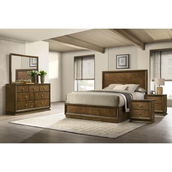 Joune 5-Piece Walnut Wood Frame King Panel Bedroom Set with Beleved Corner, Metal Center Glide, Zinc Bronze Metal Knobs
