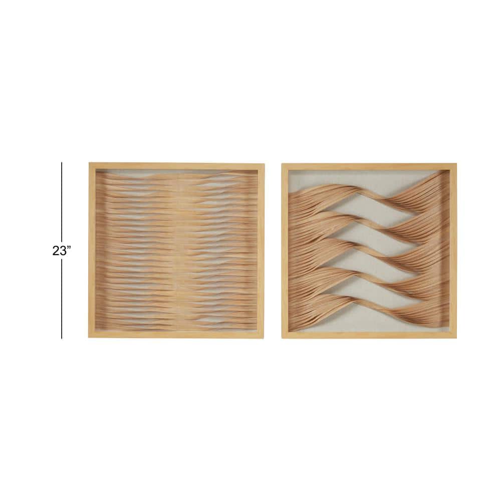 Large Brown Wood and Rattan Shadow Box Wall Art Set