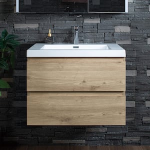 NJ 29.5 in. W x 19.6 in. D x 22.5 in. H Single Sink Floating Bath Vanity in Natural Oak with White Resin Top