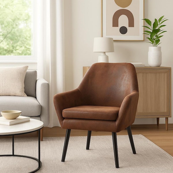 Divano Armchair in Brown with Aged Fabric and Solid Wood Legs