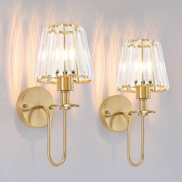 1-Light Gold Modern Bell Crystal Wall Sconce for Bathroom & Living Room (2-Pack)