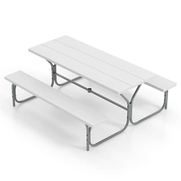 HONEY JOY 72 in. White Rectangle Metal Frame Picnic Tables Bench Set for 8-Person