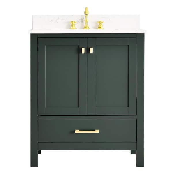 PROOX Enliven 30 in. W x 22 in. D x 39.24 in. H Freestanding Bath Vanity in Forest Green with White Engineered Stone Top