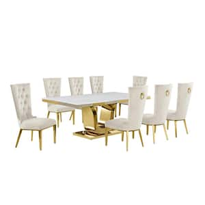 Ada 9-Piece Rectangle White Marble Top With Gold Stainless Steel Dining Set With 8 Cream Velvet Fabric Chairs