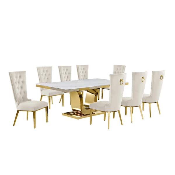 Best Quality Furniture Ada 9-Piece Rectangle White Marble Top With Gold Stainless Steel Dining Set With 8 Cream Velvet Fabric Chairs