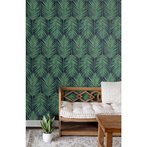 Midnight Blue and Sea Green Tropic Palm Vinyl Peel and Stick Wallpaper Rolll (Covers 30.75 sq. ft.)