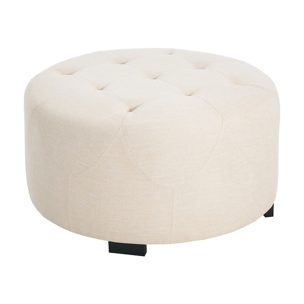 Calistae Modern 29.25 in. W Beige Upholstered Linen Round Accent Ottoman with Button Tufting