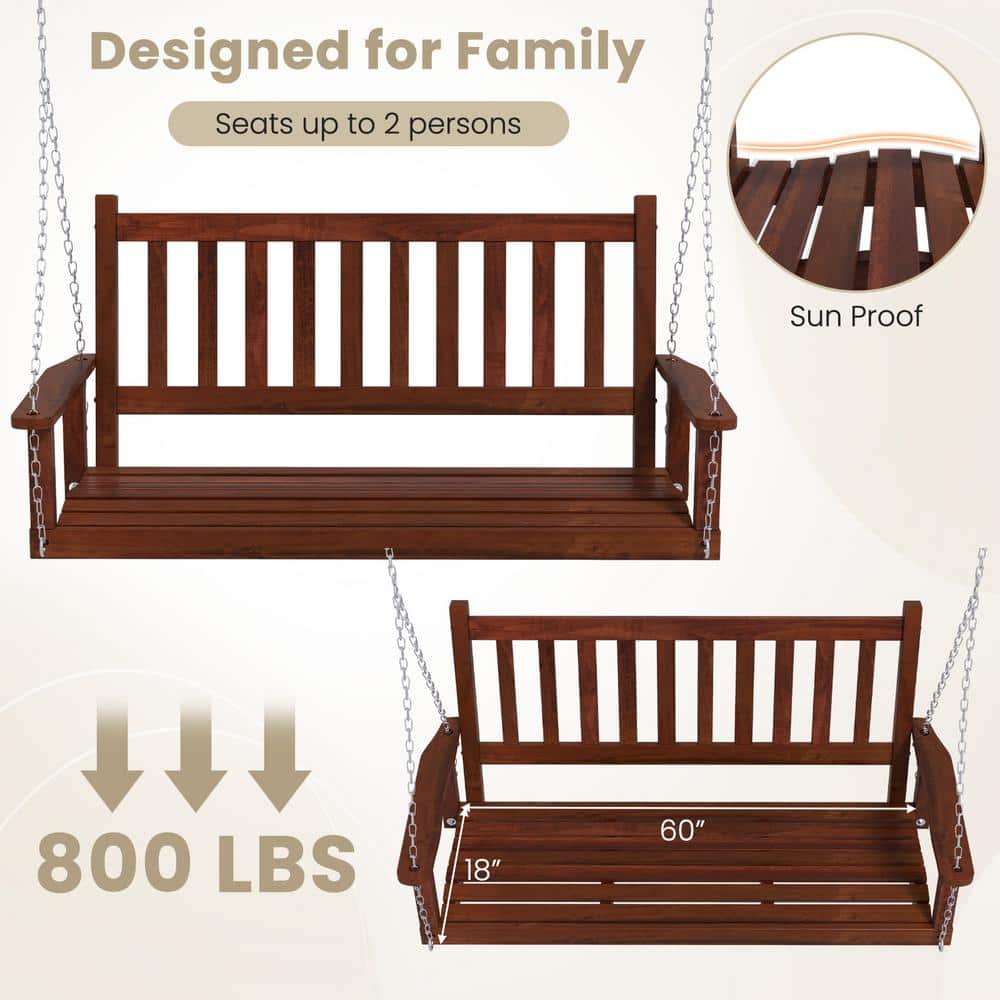 Brown Poplar Wood 3-Person Outdoor Porch Swing with Metal Chains