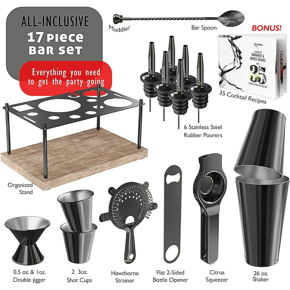 Black Corrosion-Resistant Steel 17-Piece Cocktail Shaker Set with Wood Stand