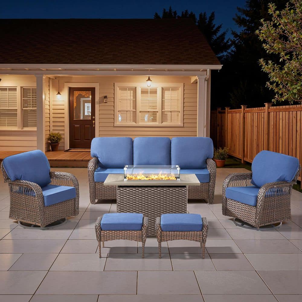 Tyber 6-Piece Brown Wicker Outdoor Fire Pit Patio Conversation Sofa Sets with Swivel Glider Chairs with Blue Cushions price history on PriceWatchPro