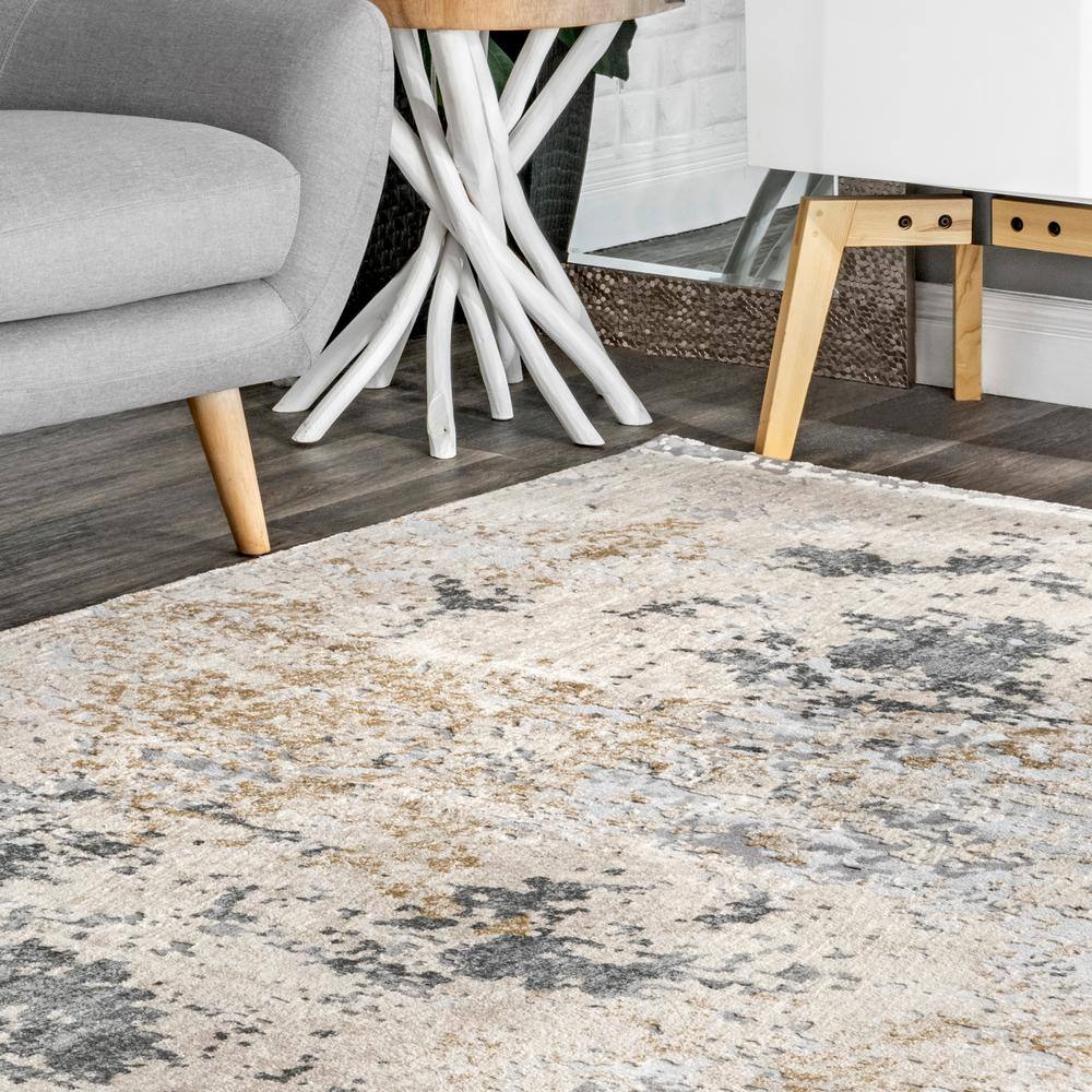 Chastin Beige and Gray Abstract Round Synthetic Rug