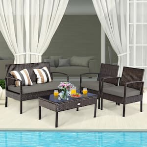 4-Piece Wicker Steel Patio Conversation Set with Gray Cushions