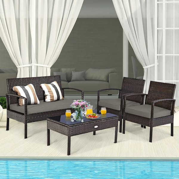 4-Piece Wicker Steel Patio Conversation Set with Gray Cushions