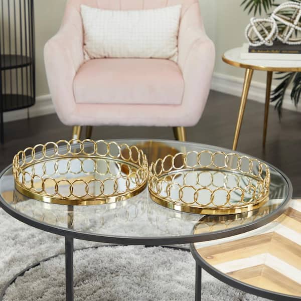 Litton Lane Gold Stainless Steel Mirrored Decorative Tray with Circle Patterned Sides (Set of 2)