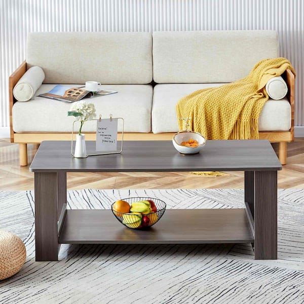 Polibi 43.3 in. Gray Rectangle Wood Coffee Table with Finished, Shelves