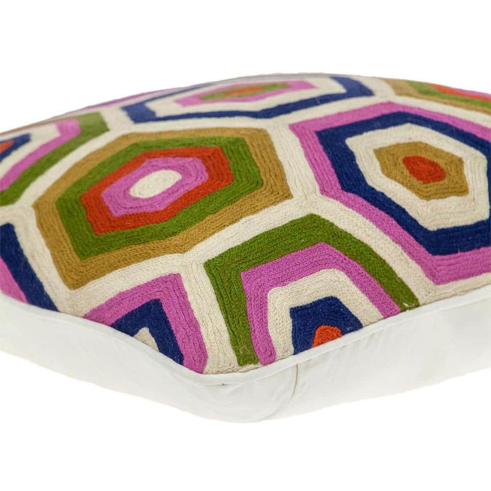 20" Multicolor Geometric Embroidered Cotton Throw Pillow