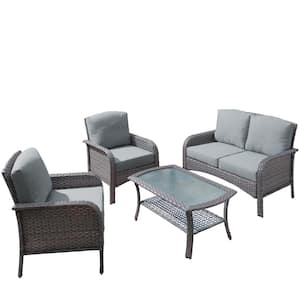 Denali Gray 4-Piece 4-Seat Wicker Modern Outdoor Patio Conversation Sofa Seating Set with Dark Gray Cushions