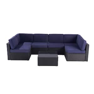 7-Piece Patio Conversation Sofa Set Furniture Sectional Seating Set with Navy Blue Cushion & Tempered Glass Desktop