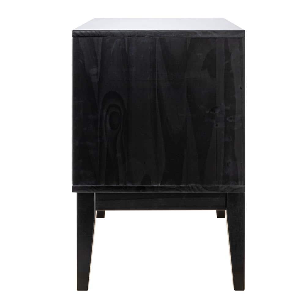 Black Wood Nightstand with Woven Cane Detail and 2 Drawers