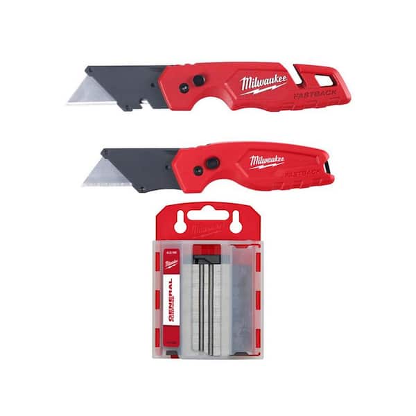 Milwaukee FASTBACK Folding Utility Knife and Compact Folding Utility Knife with General Purpose Utility Blades and Dispenser