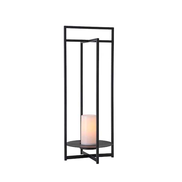 H24'' Large Solar-Powered Outdoor Lantern with Flickering LED Candle Black Metal Frame and Automatic Dusk-to-Dawn Light