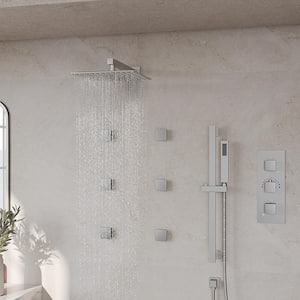 Thermostatic Valve 5-Spray Wall Mount 12 in. Fixed and Handheld Shower Head 2.5 GPM in Brushed Nickel