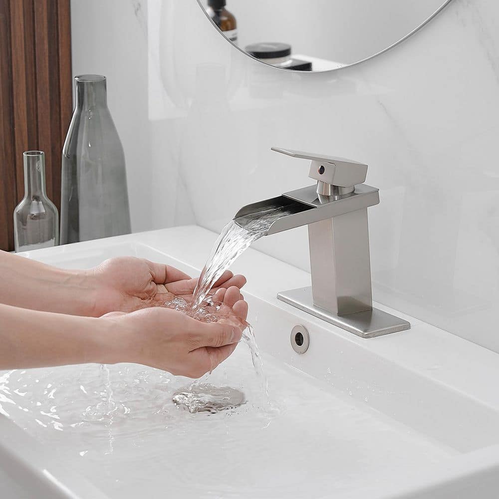 Brushed Nickel Single-Handle Waterfall Bathroom Faucet with Pop-Up Drain