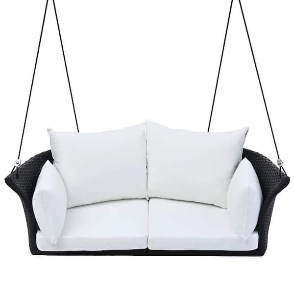 51.9 in. Double White Wicker Porch Swing without Umbrella