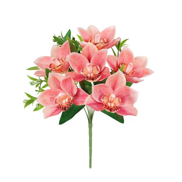 LIVING LUXURY 13 in. Coral Artificial Cymbidium Orchid Flower Stem Bush Bouquet (Set of 4)