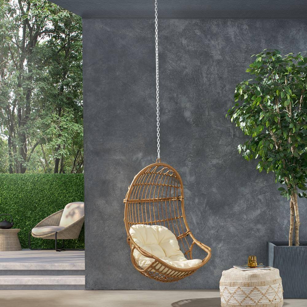 Light Brown and Beige Faux Rattan Hanging Chair with Cushions