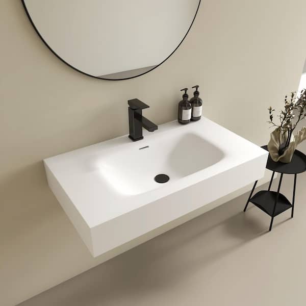 32 x 18 in. Solid Surface Wall Mount Bathroom Vessel Sink with Faucet Holes in Matte White